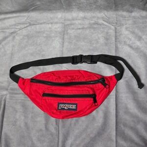 Vintage 90s Jansport Red Fanny Pack Belt Buckle Bag 2 Zipper Pocket